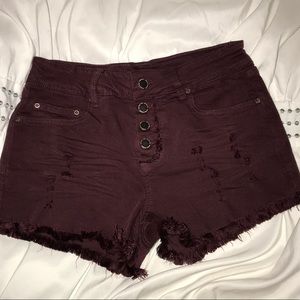 Burgundy distressed jean shorts